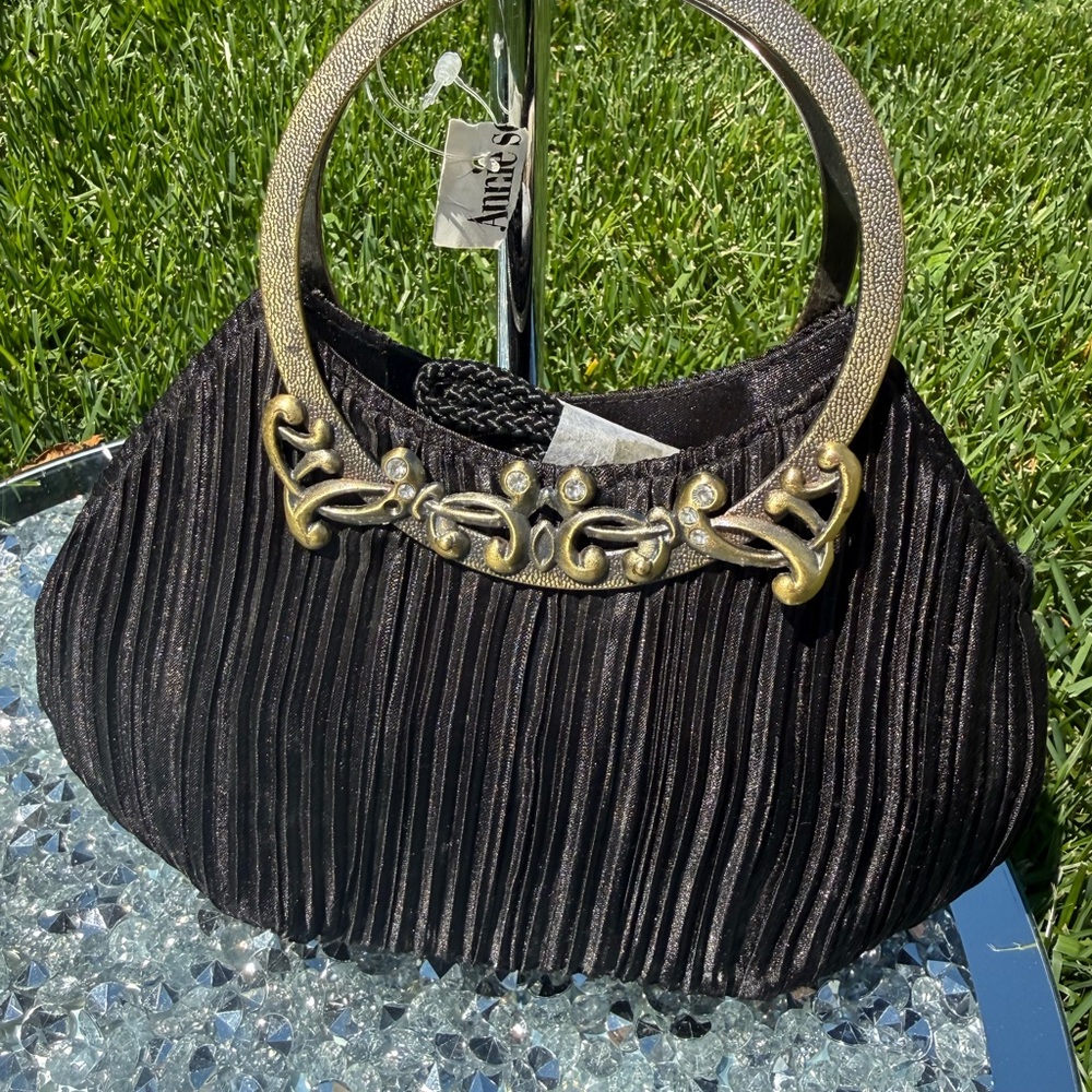 ... NEW Antique Black Pleated Evening Handbag with Gold Accents